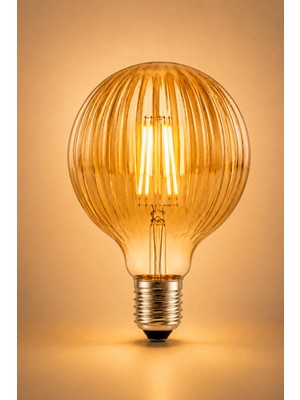 Naturel Dekor Yuvarlak Kesim Çizgili Kırılmaz Gövde Amber E27 Rustik Ampul 2700K 4,5W
