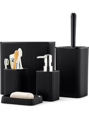 Zemira 5 Parçalı Banyo Seti, Mat Siyah, Tasarım, Kovası, Tuvalet Fırçası, Sıvı Sabunluk, Fı