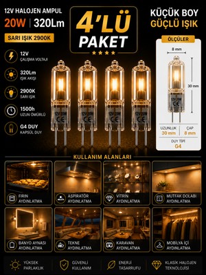 Avarson (4 Adet) Osaka 12VOLT 20W Sarı Işık G4 Duylu Dim Edilebilir Halojen Kapsül Ampul