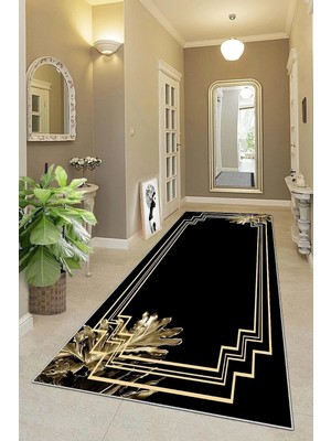 Zemira Pelangi Gold Yaprak Desenli Çerçeveli Dijital Baskı Yıkanabilir Düz Salon Halısı Yolluk, Siyah 8
