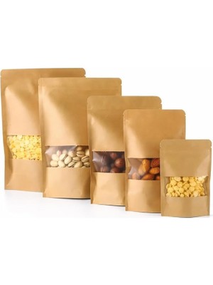 Zemira Pencereli Doypack Dik Duran Poşetler – 50’li Paket, Şeffaf Pencereli, Kilitli (Ziplock) Ko