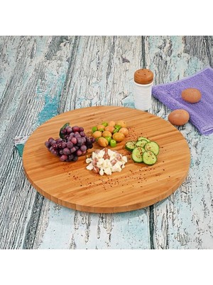 Zemira Deconox 35CM Döner Mekanizmalı Kalın Bambu Yuvarlak Pizza Sunum Tepsisi, 360 Derece Dönebilen Ka