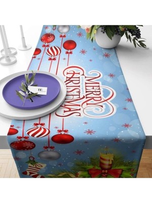 Zemira Pelangi Merry Christmas Yılbaşı Tema Tutmaz Kumaş Runner, Kırmızı-Mavi 40 x 140