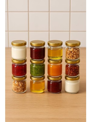 Zemira 12 Adet 40 ml Gold Metal Kapaklı Şeffaf Numune Mama Ek Gıda Şekerleme Reçellik Küçük Cam Kavanoz