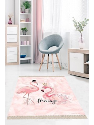 Zemira Pelangi Pembe Flamingo Dijital Baskı Yıkanabilir Kaymaz Taban Salon Halısı, Pembe 160 x 350