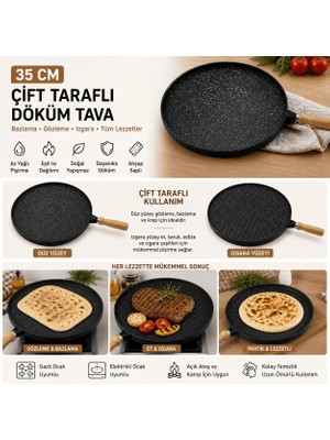 Ozka Concept 35 cm Döküm Gözleme Tavası Çift Taraflı Bazlama Izgara Tavası Ahşap Saplı Yapışmaz