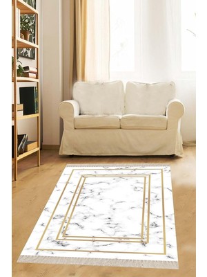 Zemira On The Clouds Beyaz Zemin Gold Çerçeveli Mermer Desenli Dijital Baskı Yıkanabilir Salon Halı