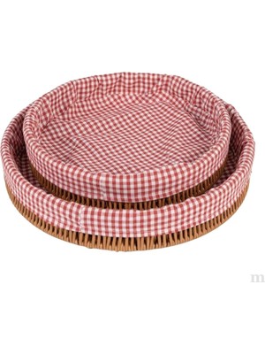 Zemira Hasır Yuvarlak Ekmek Sepeti, Kırmızı Beyaz Kareli Kumaş Astarlı, 2'li Set, 25 cm 30 Cm, Piknik V
