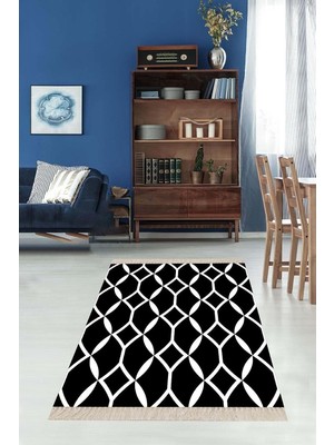 Zemira On The Clouds Geometrik Desenli Siyah Beyaz Dijital Baskı Yıkanabilir Kaymaz Taban Salon Hal