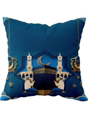 Zemira Pelangi Ramazan Hilal Cami Desen Çift Taraflı Gizli Fermuarlı Yastık Kılıfı Kırlent Koltuk Yastık K
