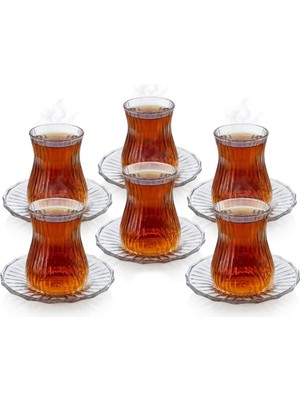 Zemira Deconox 12 Parça Çay Seti - 6 Adet Fitil Desenli Cam Çay Bardağı 6 Adet Cam Çay Tabağı - Isıya D