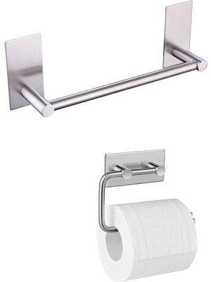 Zemira Deltahome Paslanmaz Çelik 30CM Havluluk Tuvalet Kağıtlığı Set - Inox - Kendinden Yapışkanlı