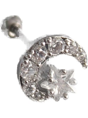 Zemira 316L Çelik Gümüş Renk Zirkon Taşlı Ay Yıldız Tragus Piercing - TJ-PR1257