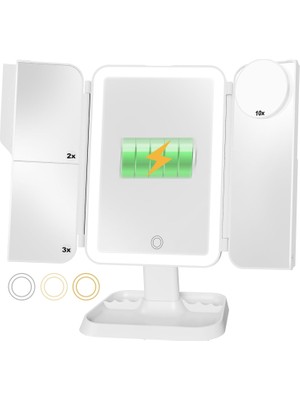 Zemira Edilebilir Üç Katlı Makyaj Aynası Işıklı Makyaj Aynası 1X/2X/3X/10X Büyütmeli Taşınabilir LED