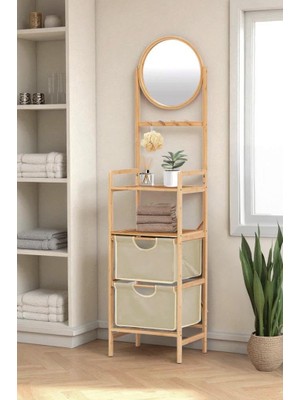 Zemira Digithome Bambu Aynalı 2 Çekmeceli Banyo Düzenleyici 2 Raflı Şifonyer Makyaj Organizeri DB-0035