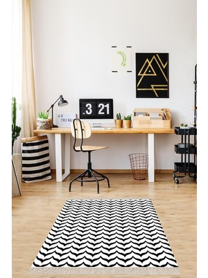 Zemira Pelangi Geometrik Desenli Dijital Baskı Yıkanabilir Kaymaz Taban Desen Salon Halı, Siyah-Bey
