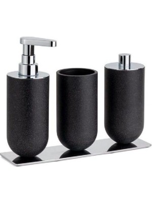 Zemira System 3'lü Set Sıvı Sabunluk-Diş Fırçalığı-Pamukluk Siyah/krom Renk 206X87X265 mm