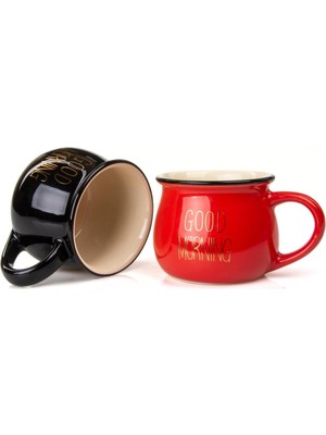 Zemira Mukko 2'li Emaye Görünümlü Renkli Porselen Kupa Seti Good Morning Gold Yazılı 250 Ml,siyah & K
