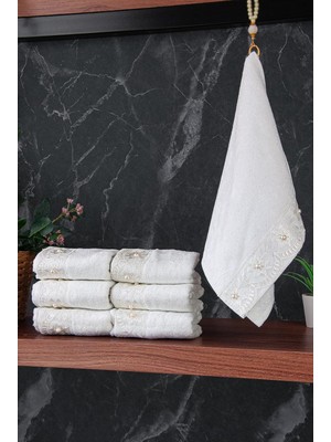 Zemira % 100 Pamuklu Kadife Güpürlü Inci Işlemeli 6 Lı Çeyizlik El Yüz Havlu Seti - 30X50 cm - 04466 - Bey