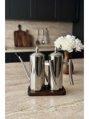 Zemira 2'li Çelik 3 Parça 700ML Standlı Çok Amaçlı Demlik Yağlık Yağdanlık Seti