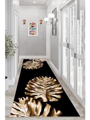 Zemira Pelangi Gold Yaprak Desenli Dijital Baskı Yıkanabilir Kaymaz Taban Salon Halısı Yolluk, Siyah 80