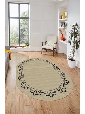 Zemira Klasik Hasır Desen Dijital Kaymaz Taban Yıkanabilir Oval Yolluk Koridor Salon Halısı O-Jüt-18,