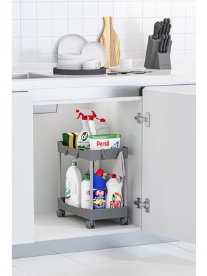 Zemira Gri 2 Katlı Tekerlekli Düzenleyici Mutfak Banyo Rafı