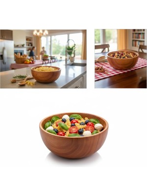 Zemira Deconox Akasya Ağacı Yuvarlak Ahşap Kase | Doğal Salata, Çorba Kahvaltılık Servis Kasesi | Orta