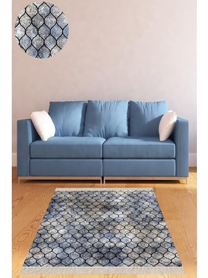 Zemira Pelangi Geometrik Desenli Dijital Baskı Yıkanabilir Kaymaz Taban Kilim Desen Salon Halı (Mav