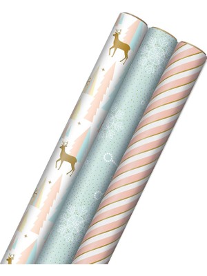 Zemira Hallmark Ters Kesilmiş Çizgiler ile Pembe Noel Ambalaj Kağıdı (3 Rulo: 120 Sq. Ft. Ttl) Pembe, Nane