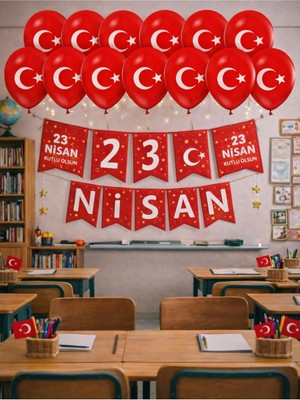 Zemira 23 Nisan Dekoratif Süsü Flama Okul Süsü, Atatürklü Balon, Türk Bayrağı Pano Süsleri 2026