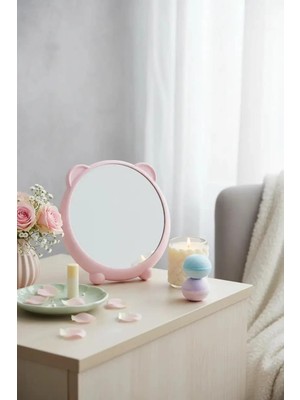 Zemira Miniso Sevimli Ayı Masa Üstü Ayna - Yuvarlak Tasarımlı Pastel Tonlarda Pp Cam Makyaj Ay
