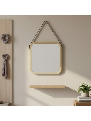 Zemira Askılı Ahşap Çerçeveli Kare Ayna 32X42 cm – Deri Askılı Duvar Aynası, Dekoratif Ayna