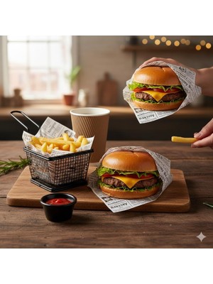 Zemira 50 Adet Gazete Desenli Ambalaj Kağıdı - 35X25 cm Geçirmez Sandviç Burger Kağıdı - Gıda