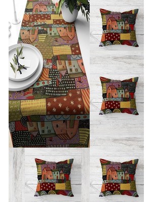 Zemira Pelangi Yaz Evi Desenli Patchwork Masa Değişik Ranır Dekoratif 4'lü Kırlent Kılıfı Runner