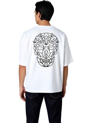 PayBuy Erkek Oversize Tişört Mandala Kafatası Tribal Çiçek Motifi Baskılı Sanat Desenli Günlük Rahat Modern