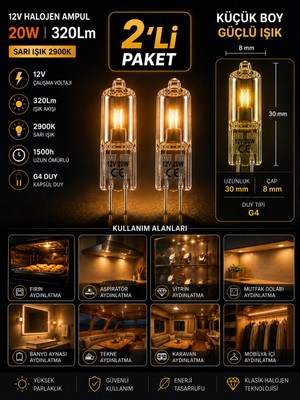 Avarson (2 Adet) Osaka 12VOLT 20W Sarı Işık G4 Duylu Dim Edilebilir Halojen Kapsül Ampul
