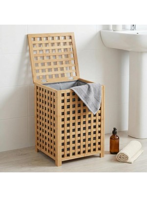 Zemira Deconox Kare Bambu Çamaşır Sepeti (40X40X56 Cm) - Içi Bezli, Kapaklı Doğal Ahşap Kirli Sepeti