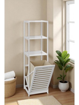Zemira Digithome Bambu Beyaz Mat Lake Kirli Sepetli 3 Raflı Banyo Düzenleyici Çamaşır Sepeti DB-0019