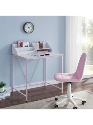 Zemira Metal Ayaklı Bölmeli Çalışma Masası-Pembe/beyaz 90X75X50 cm