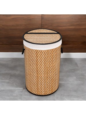 Zemira Deconox El Yapımı Hasır Katlanır Çamaşır Sepeti Yuvarlak 55 Litre (35CM*35CM*61CM), Doğal Malzemede
