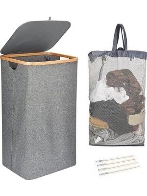 Zemira Mien Bambu Kenarlı Kumaş Katlanabilir 100 Lt Çamaşır Sepeti 44X33X70