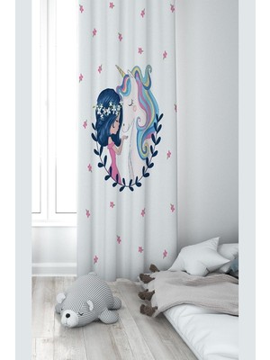 Zemira Pelangi Beyaz Fon Unicorn Desenli Dijital Baskı Yıkanabilir Bebek Çocuk Odası Fon Perdesi, Beyaz-Ma