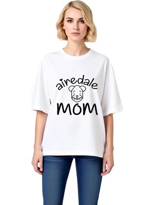 PayBuy Kadın Oversize Airedale Anne Baskılı Kısa Kollu Tişört %100 Pamuk Rahat Kesim Günlük Modern Şık
