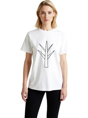 PayBuy Kadın Minimalist Geometrik Ağaç Motifli Kısa Kollu Tişört %100 Pamuk Rahat Kesim Günlük Modern Şık