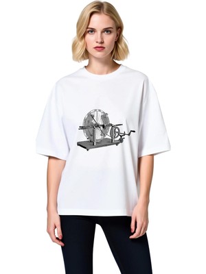 PayBuy Kadın Oversize Tişört Vintage Mekanik Tekerlek Pedalı Baskılı Rahat Kesim Konforlu Günlük Modern