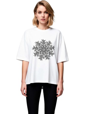 PayBuy Kadın Oversize Tişört Geometrik Yaprak Motifi Çizgi Sanatı Baskı Rahat Kesim Günlük Giyim Modern