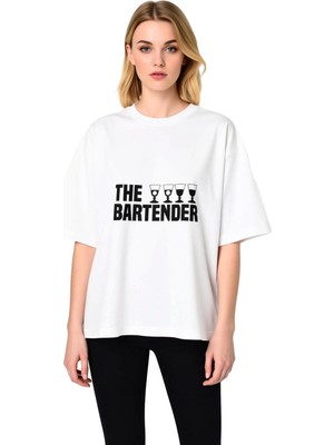PayBuy Kadın Oversize Tişört Bartender Baskılı Kısa Kol Yuvarlak Yaka Günlük Rahat Kesim Modern Şık Zarif