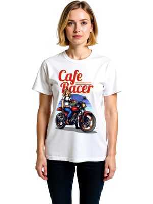 PayBuy Kadın Retro Cafe Racer Motosiklet Baskılı Kısa Kollu Yuvarlak Yaka Pamuk Tişört Konforlu Günlük