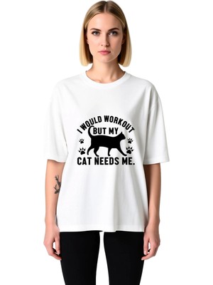 PayBuy Kedi Egzersiz Mizahı Tasarımı Baskılı Kadın Oversize Tişört